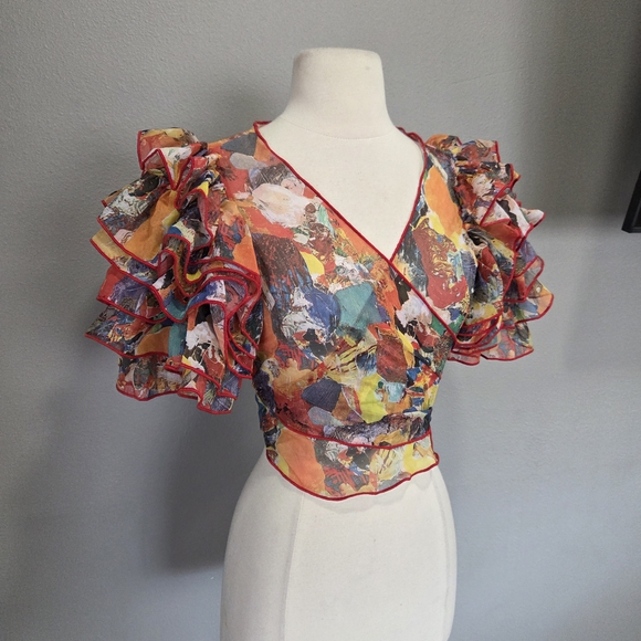 Vintage Saks Fifth Avenue Colorful Ruffle Sleeve Blouse - Picture 7 of 9